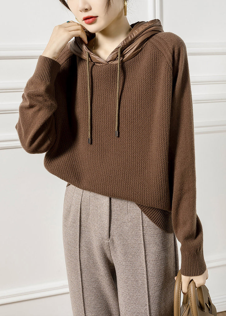 French Coffee Hooded Wool Knit Sweaters