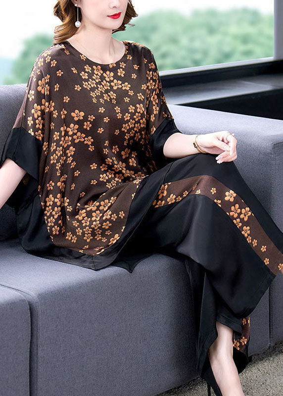 French Coffee Oversized Patchwork Print Silk Two-Piece Set Batwing Sleeve LC0209 - fabuloryshop