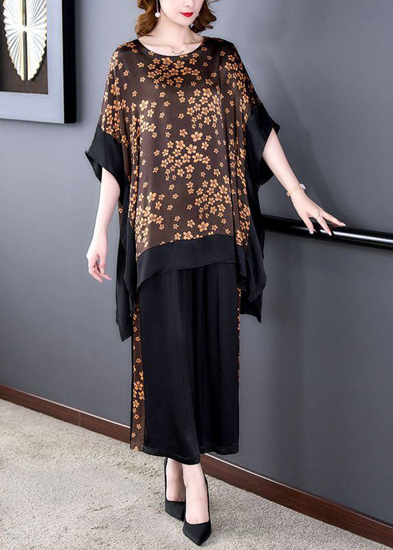 French Coffee Oversized Patchwork Print Silk Two-Piece Set Batwing Sleeve LC0209 - fabuloryshop