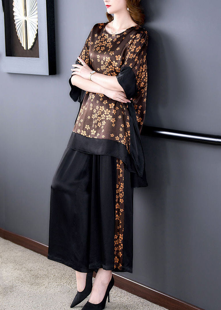 French Coffee Oversized Patchwork Print Silk Two-Piece Set Batwing Sleeve LC0209 - fabuloryshop