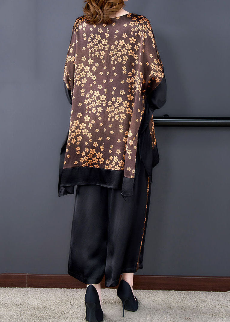 French Coffee Oversized Patchwork Print Silk Two-Piece Set Batwing Sleeve LC0209 - fabuloryshop
