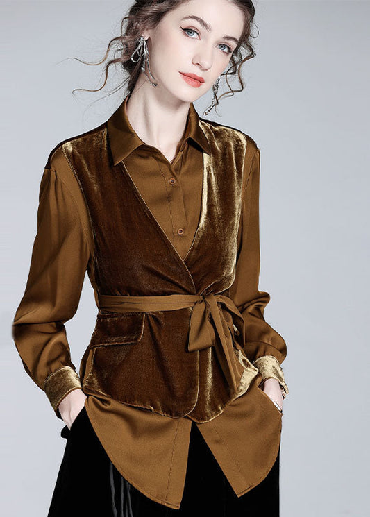French Coffee Peter Pan Collar Patchwork Tie Waist Silk Velour Top Spring LY0150 - fabuloryshop