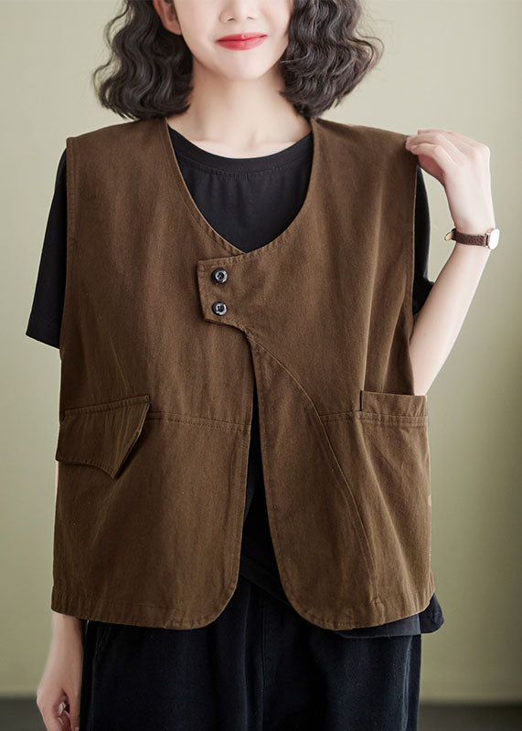 French Coffee Pockets Patchwork Cotton Vest Sleeveless LY5301 - fabuloryshop