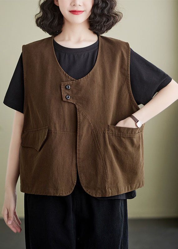 French Coffee Pockets Patchwork Cotton Vest Sleeveless LY5301 - fabuloryshop