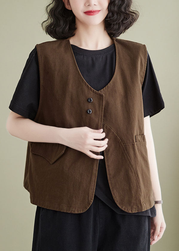 French Coffee Pockets Patchwork Cotton Vest Sleeveless LY5301 - fabuloryshop