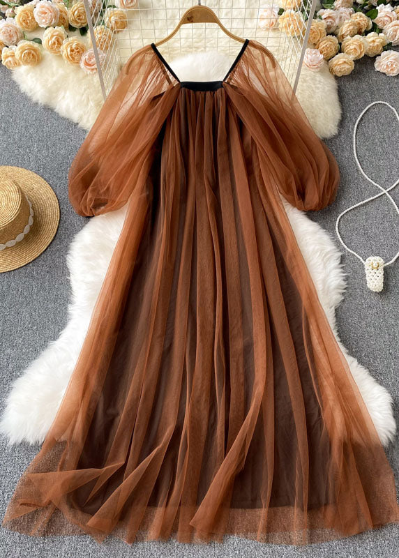 French Coffee Square Collar Wrinkled Patchwork Tulle Dresses Lantern Sleeve Ada Fashion