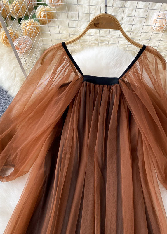 French Coffee Square Collar Wrinkled Patchwork Tulle Dresses Lantern Sleeve Ada Fashion