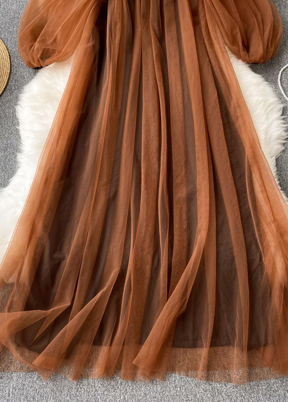 French Coffee Square Collar Wrinkled Patchwork Tulle Dresses Lantern Sleeve Ada Fashion