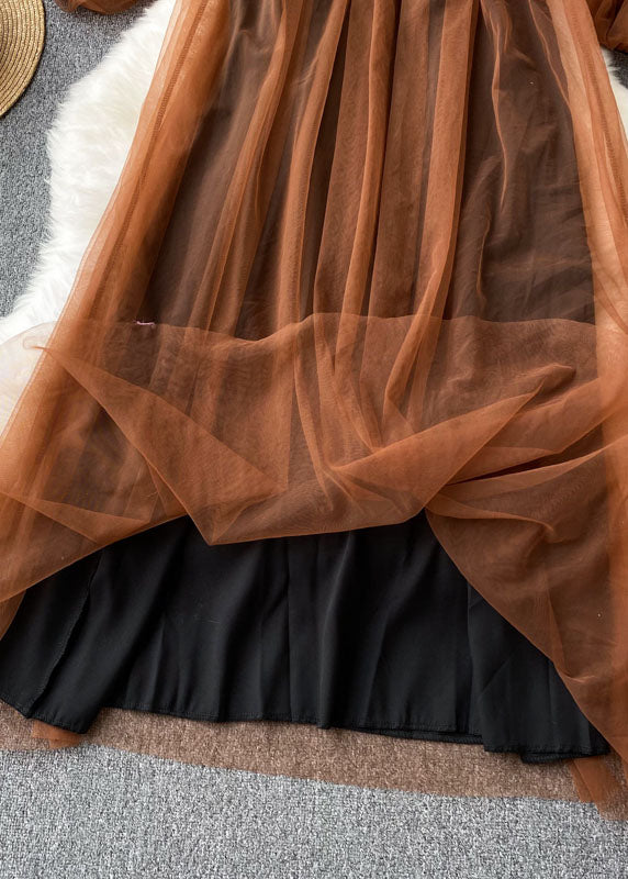 French Coffee Square Collar Wrinkled Patchwork Tulle Dresses Lantern Sleeve Ada Fashion