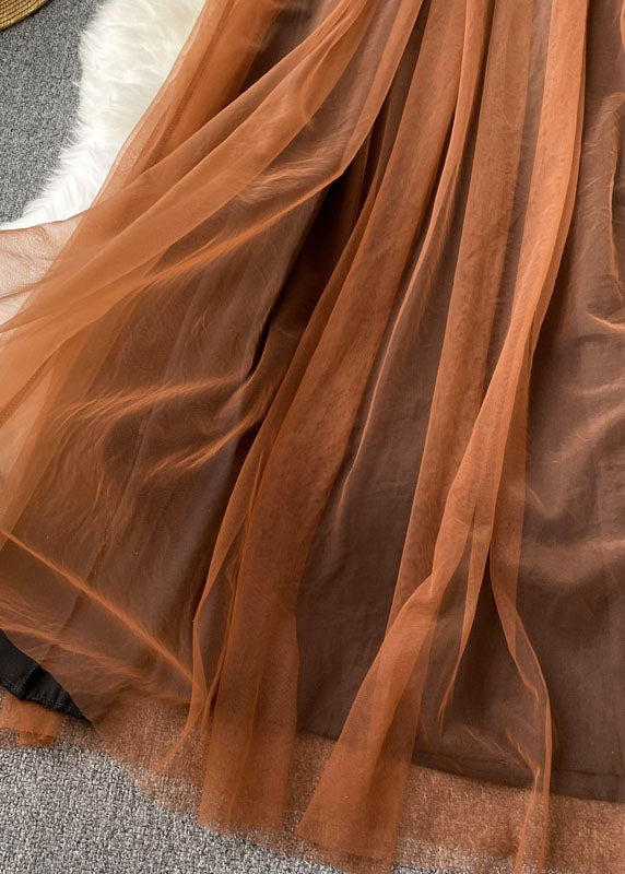 French Coffee Square Collar Wrinkled Patchwork Tulle Dresses Lantern Sleeve Ada Fashion