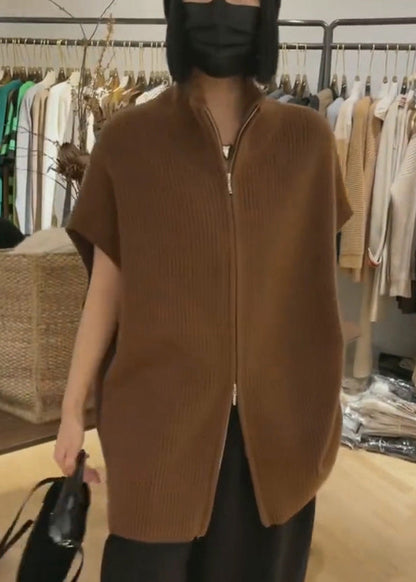 French Coffee Stand Collar Zip Up Knit Waistcoat Sleeveless Ada Fashion