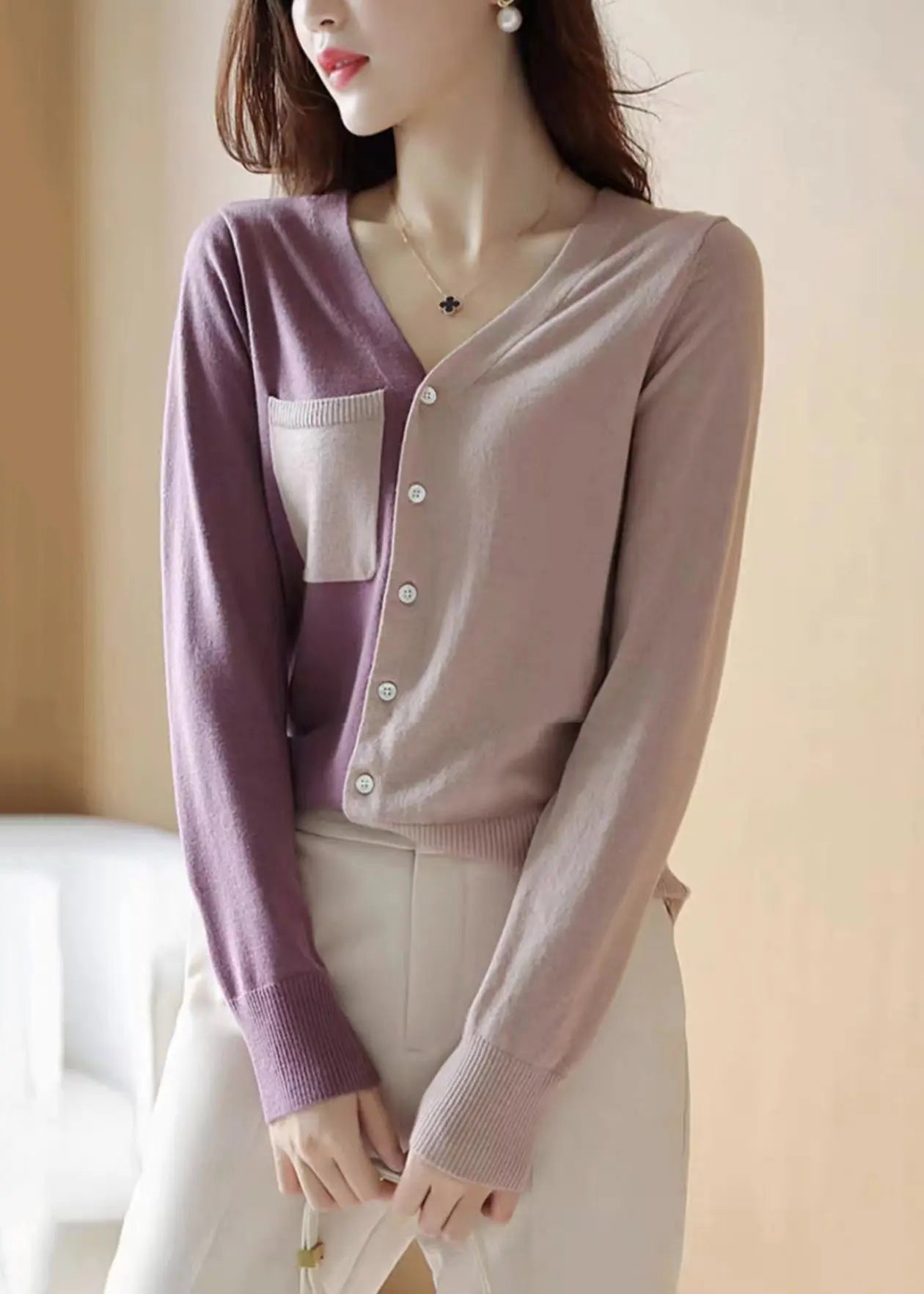 French Colorblock Asymmetrical Button Patchwork Knit Coats Long Sleeve Ada Fashion
