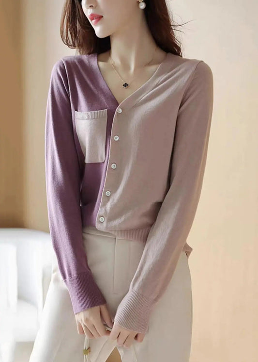 French Colorblock Asymmetrical Button Patchwork Knit Coats Long Sleeve Ada Fashion