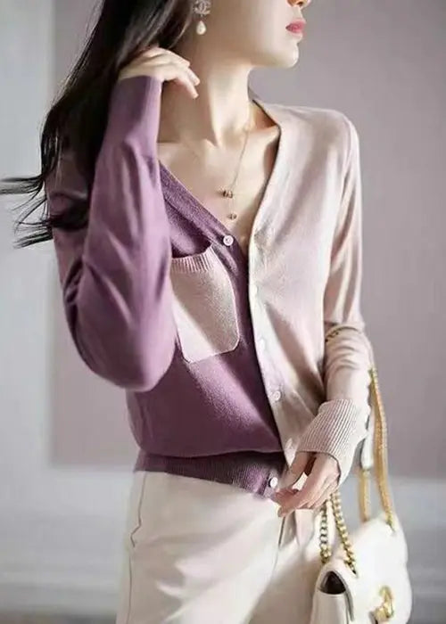 French Colorblock Asymmetrical Button Patchwork Knit Coats Long Sleeve Ada Fashion