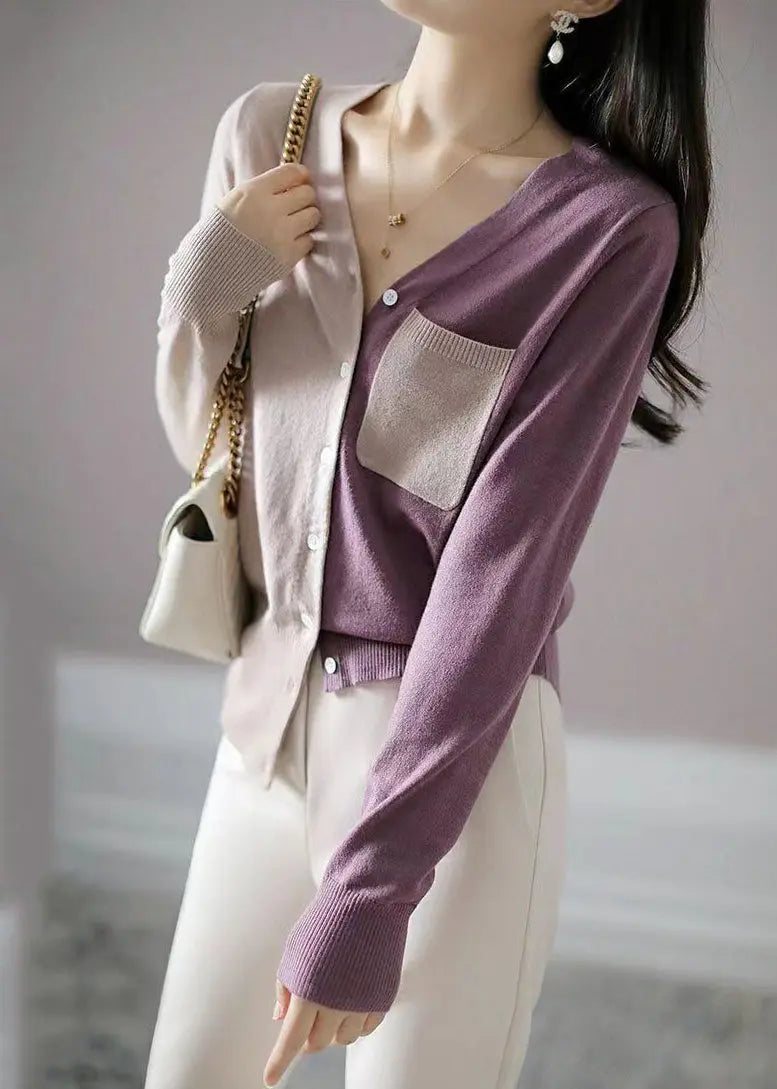French Colorblock Asymmetrical Button Patchwork Knit Coats Long Sleeve Ada Fashion