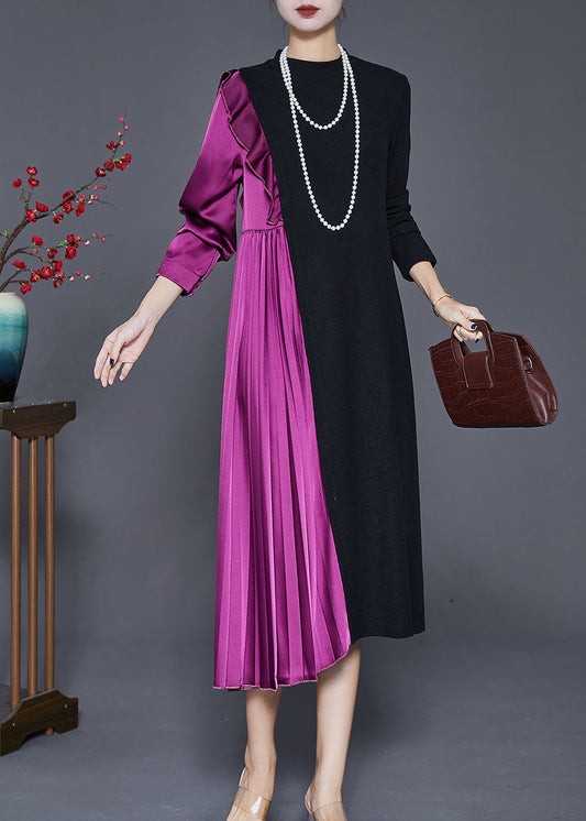 French Colorblock Asymmetrical Patchwork Wrinkled Long Knit Dress Fall Ada Fashion