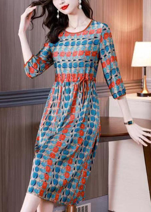 French Colorblock O Neck Print Drawstring Patchwork Silk Dresses Summer LY4488 - fabuloryshop