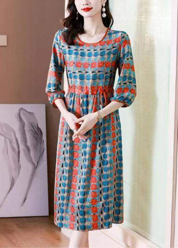 French Colorblock O Neck Print Drawstring Patchwork Silk Dresses Summer LY4488 - fabuloryshop