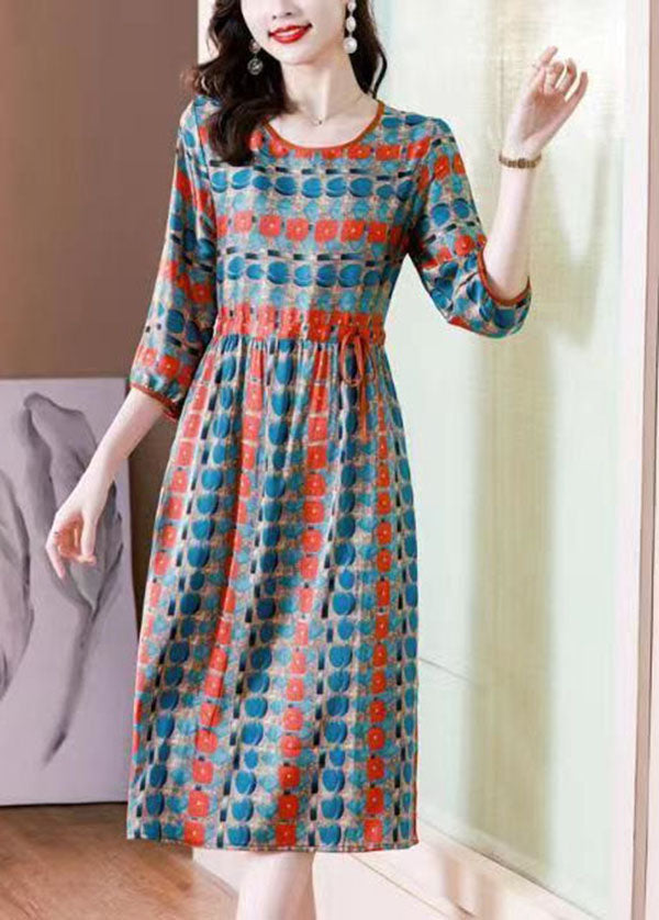 French Colorblock O Neck Print Drawstring Patchwork Silk Dresses Summer LY4488 - fabuloryshop