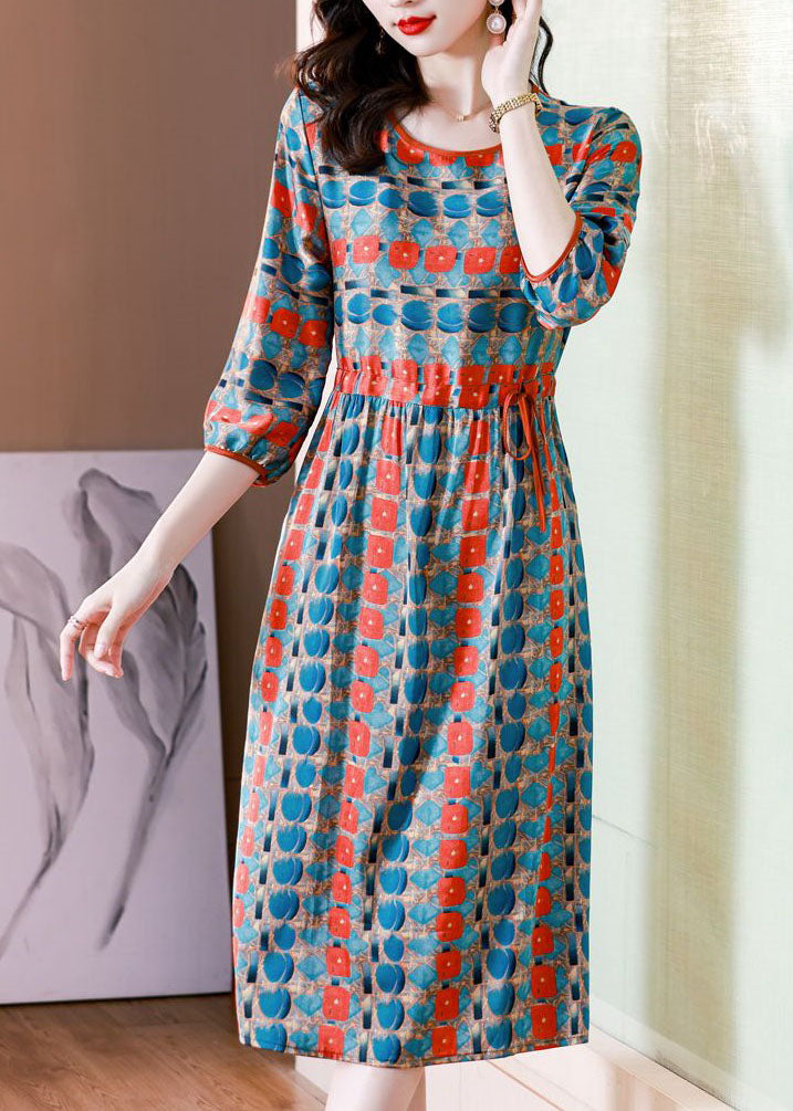 French Colorblock O Neck Print Drawstring Patchwork Silk Dresses Summer LY4488 - fabuloryshop