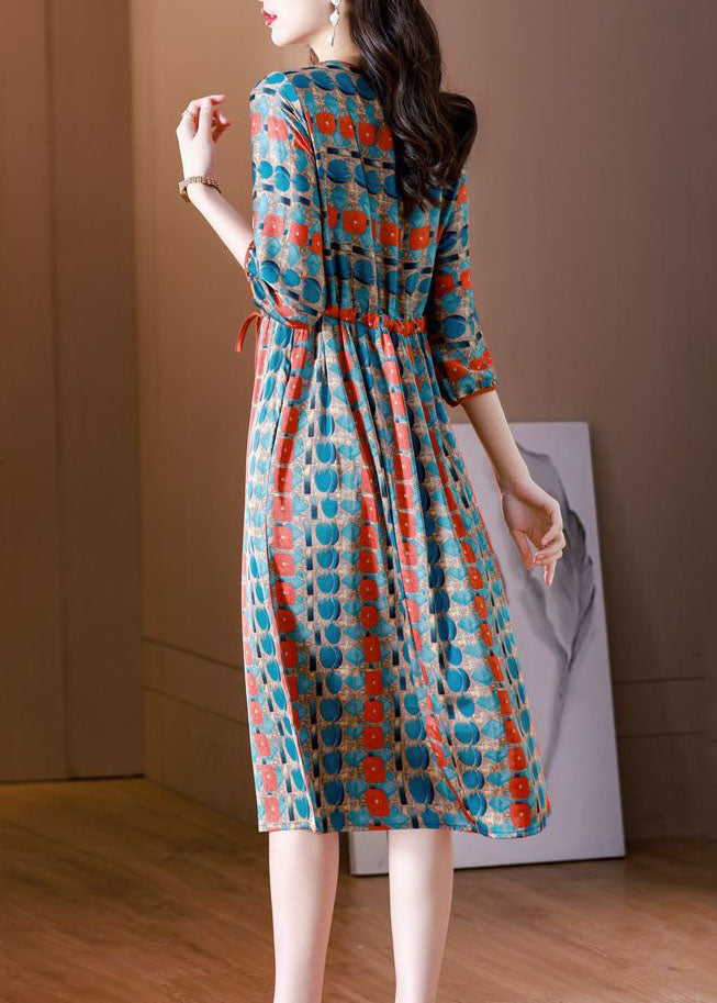 French Colorblock O Neck Print Drawstring Patchwork Silk Dresses Summer LY4488 - fabuloryshop
