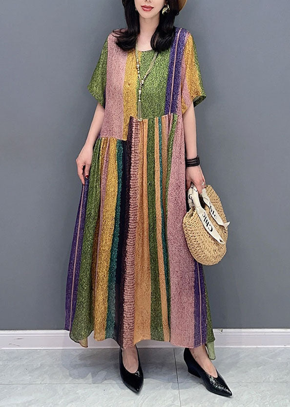 French Colorblock O Neck Wrinkled Patchwork Silk Dress Summer Ada Fashion