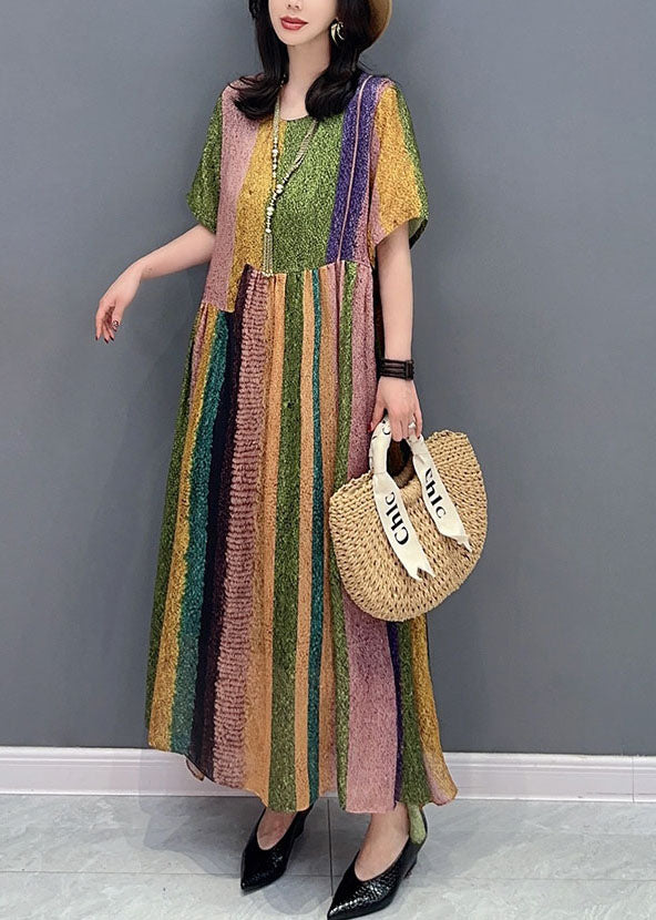 French Colorblock O Neck Wrinkled Patchwork Silk Dress Summer Ada Fashion