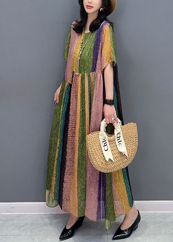 French Colorblock O Neck Wrinkled Patchwork Silk Dress Summer Ada Fashion