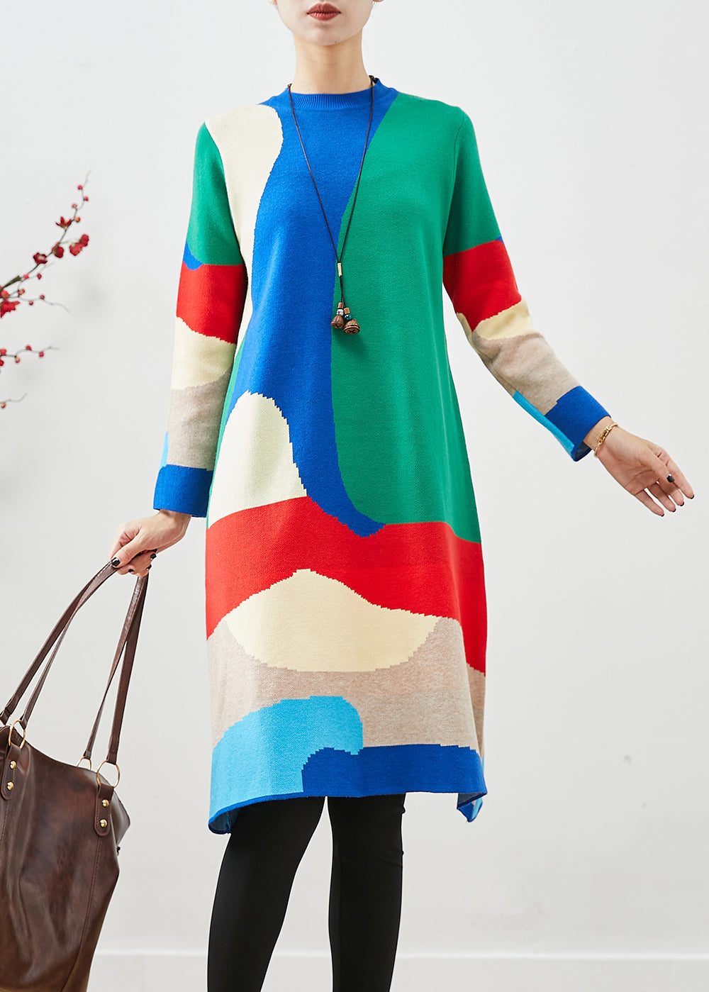French Colorblock Painting Prints Knit Party Dress Fall Ada Fashion