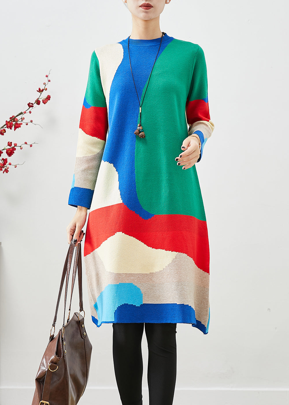 French Colorblock Painting Prints Knit Party Dress Fall Ada Fashion