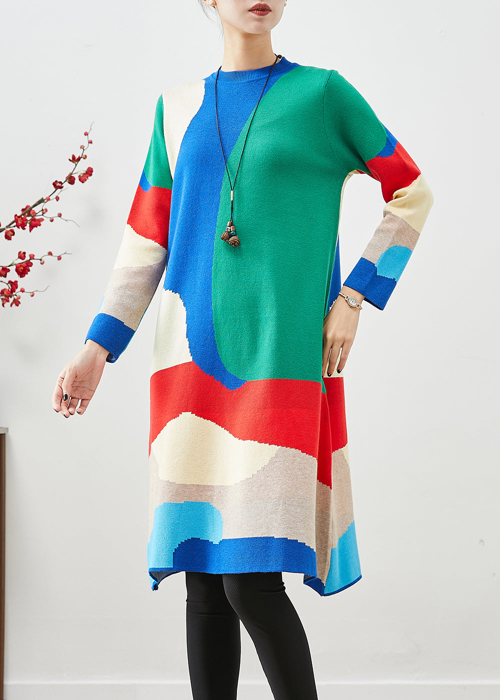 French Colorblock Painting Prints Knit Party Dress Fall Ada Fashion