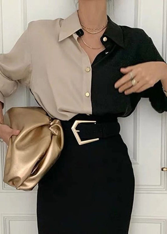 French Colorblock Peter Pan Collar Patchwork Chiffon Shirt Tops Spring LY2616 - fabuloryshop