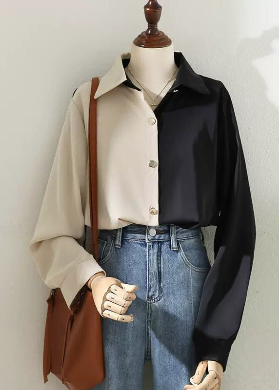 French Colorblock Peter Pan Collar Patchwork Chiffon Shirt Tops Spring LY2616