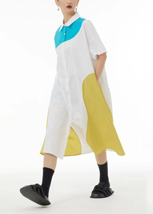 French Colorblock Peter Pan Collar Patchwork Cotton Shirt Dresses Summer LC0138 - fabuloryshop