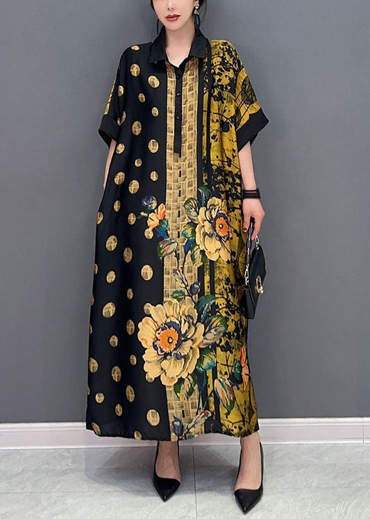 French Colorblock Peter Pan Collar Print Silk Maxi Dresses Summer LY1590 - fabuloryshop