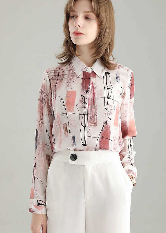 French Colorblock Peter Pan Collar Print Silk Shirt Tops Spring LY0370
