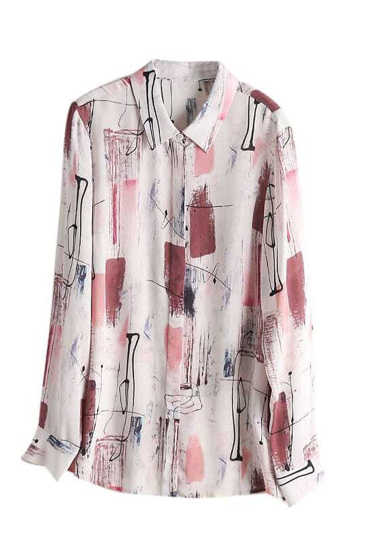 French Colorblock Peter Pan Collar Print Silk Shirt Tops Spring LY0370