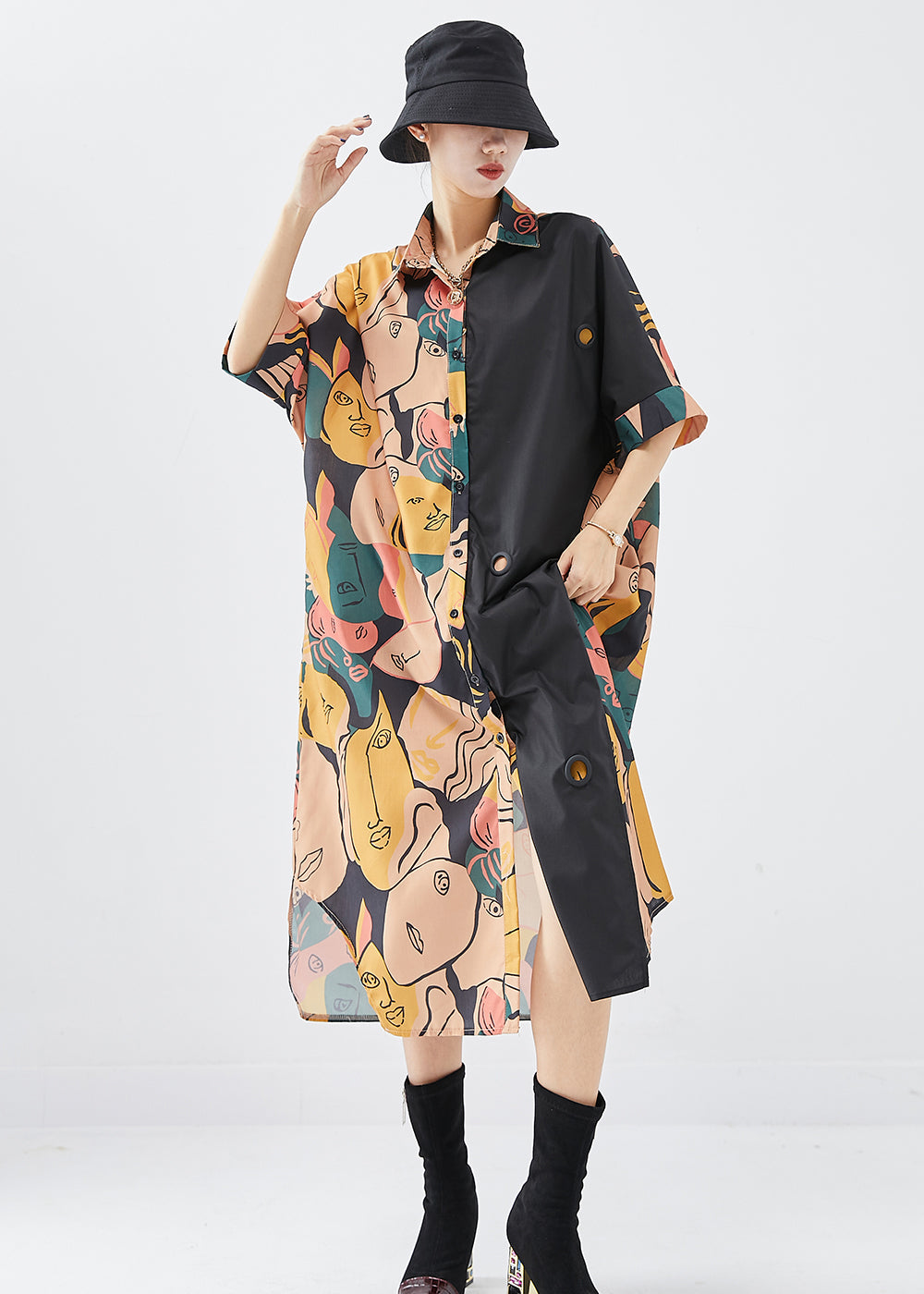 French Colorblock Print Patchwork Side Open Cotton Dresses Fall Ada Fashion