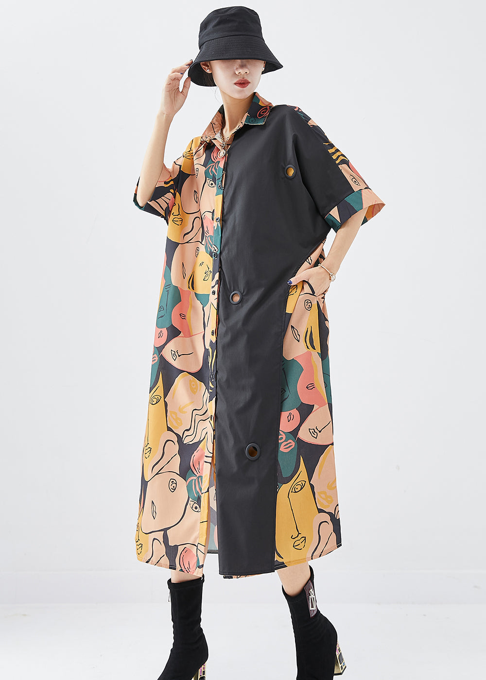 French Colorblock Print Patchwork Side Open Cotton Dresses Fall Ada Fashion
