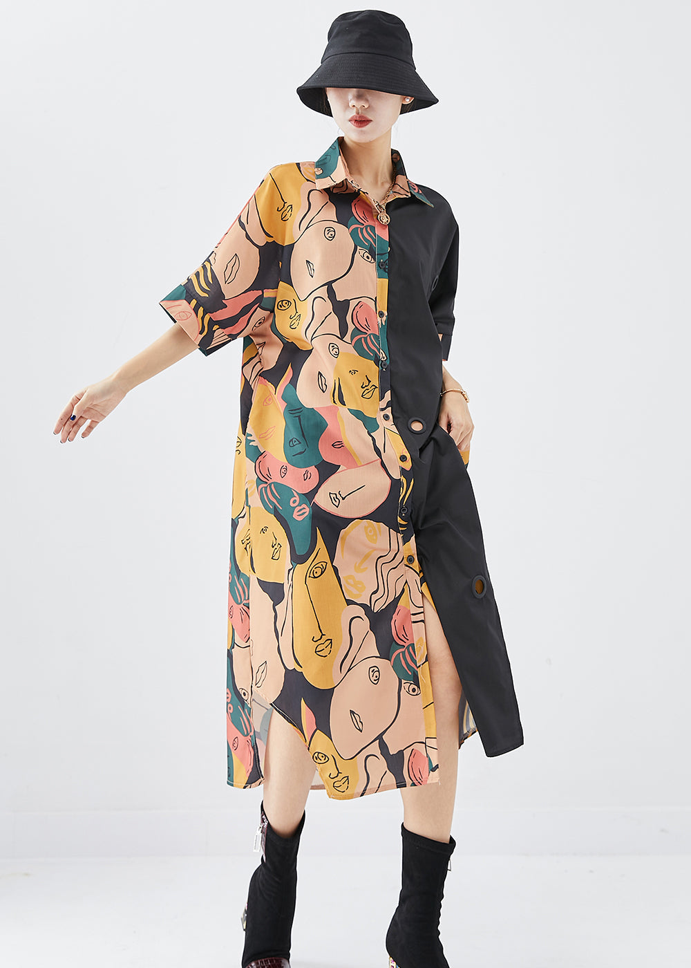 French Colorblock Print Patchwork Side Open Cotton Dresses Fall Ada Fashion