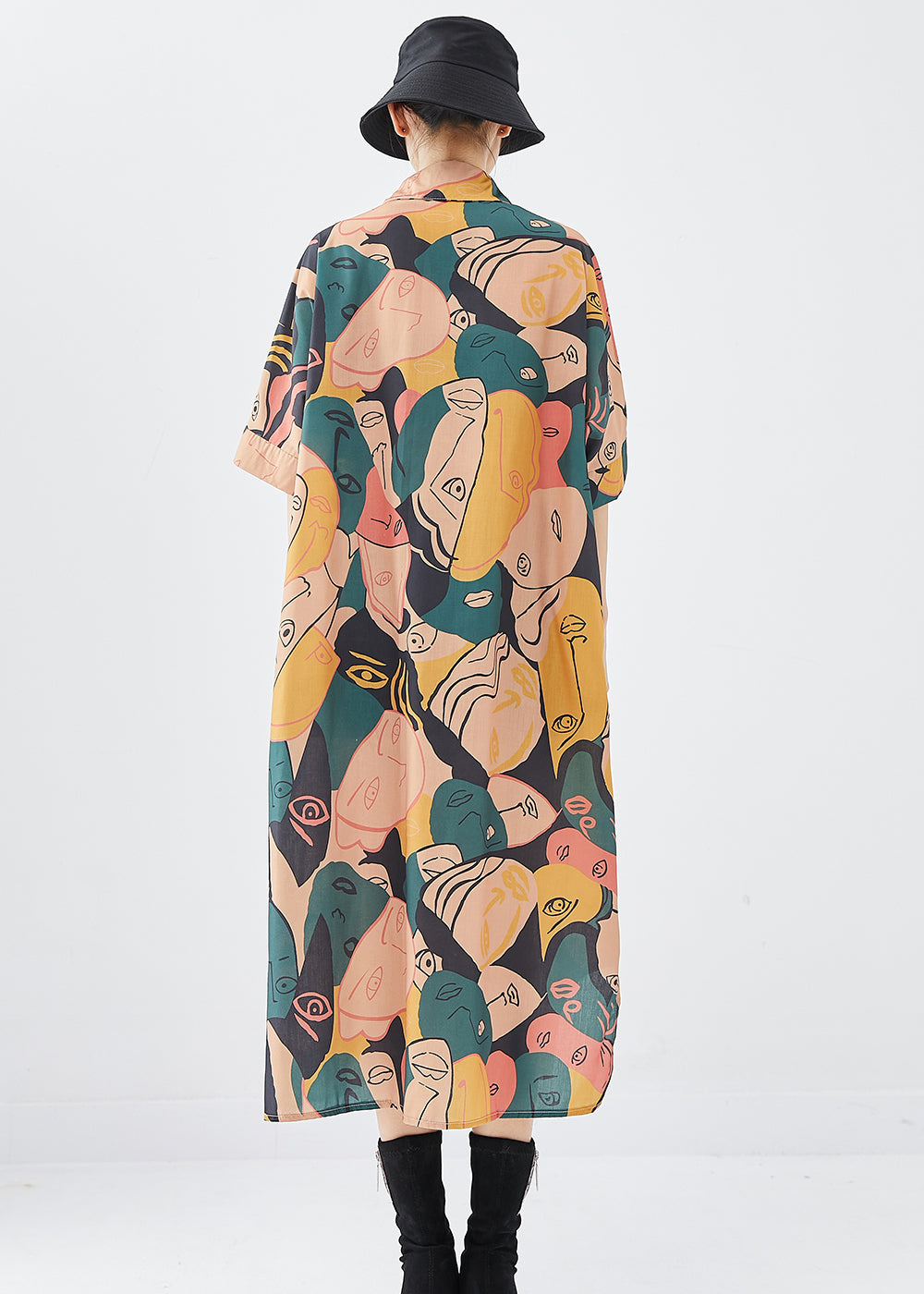 French Colorblock Print Patchwork Side Open Cotton Dresses Fall Ada Fashion