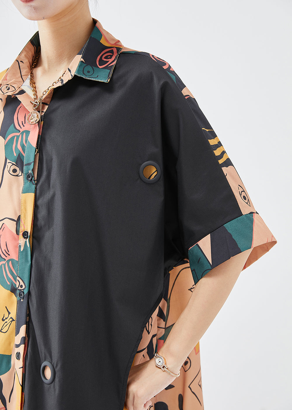 French Colorblock Print Patchwork Side Open Cotton Dresses Fall Ada Fashion