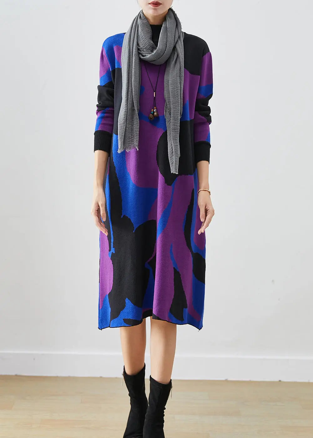 French Colorblock Turtle Neck Print Knit A Line Dresses Fall Ada Fashion