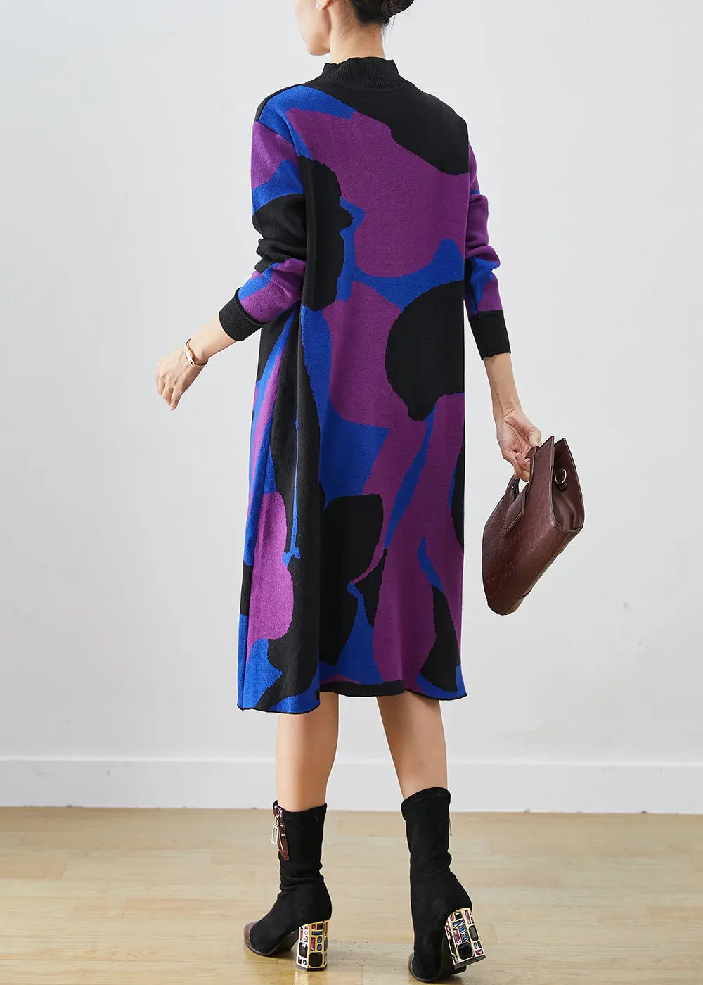French Colorblock Turtle Neck Print Knit A Line Dresses Fall Ada Fashion