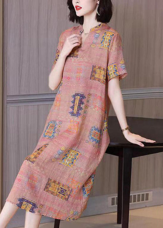 French Colorblock V Neck Print Patchwork Linen Dresses Summer LY6940 Ada Fashion