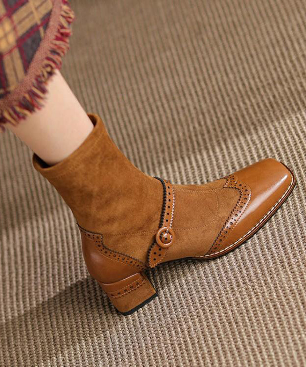 French Comfortable Splicing Chunky Boots Khaki Suede Ada Fashion