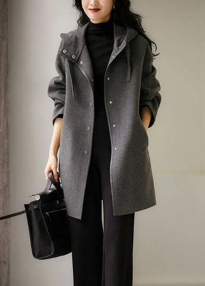 French Dark Gray Drawstring Button Hoodie Wool Blend Coat Long Sleeve Ada Fashion