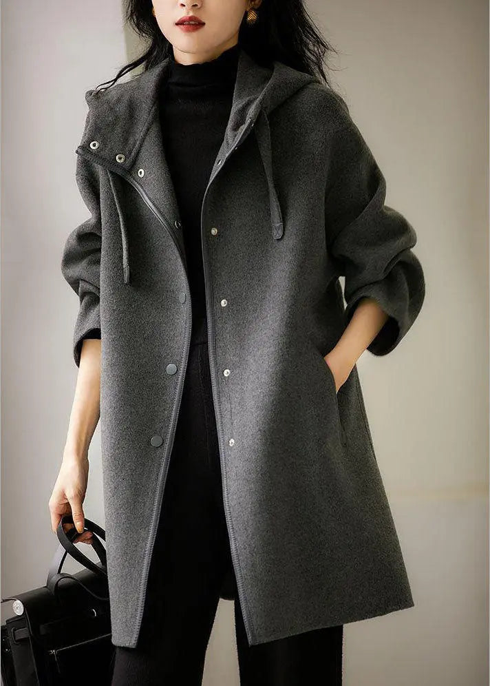 French Dark Gray Drawstring Button Hoodie Wool Blend Coat Long Sleeve Ada Fashion