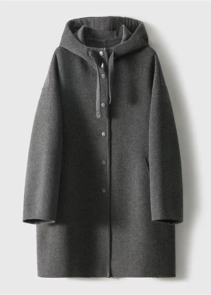 French Dark Gray Drawstring Button Hoodie Wool Blend Coat Long Sleeve Ada Fashion