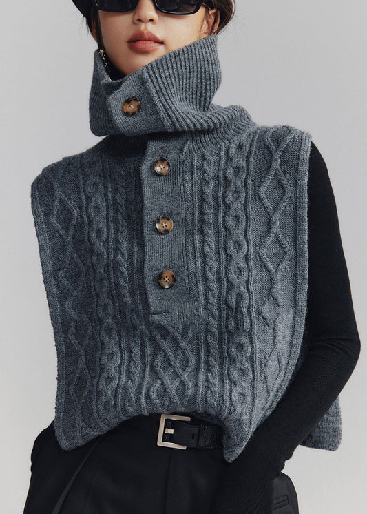 French Dark Gray Turtleneck Button Cable Knit Waistcoat Sleeveless Ada Fashion